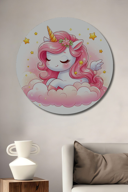 Sevimli Unicorn Dekoratif Ahşap Mdf Yuvarlak Ev,İşyeri Duvar Tablo