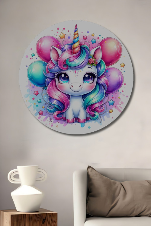 Sevimli Unicorn Yağlı Boya Görünümlü Dekoratif Ahşap Yuvarlak Ev,İşyeri Duvar Tablo