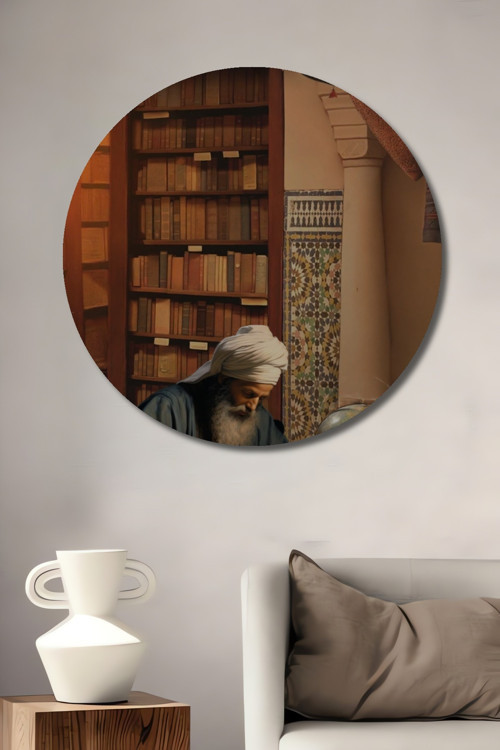 Kitaplıkta Filozof Yağlı Boya Görünümlü Dekoratif Ahşap Yuvarlak Ev,İşyeri Duvar Tablo