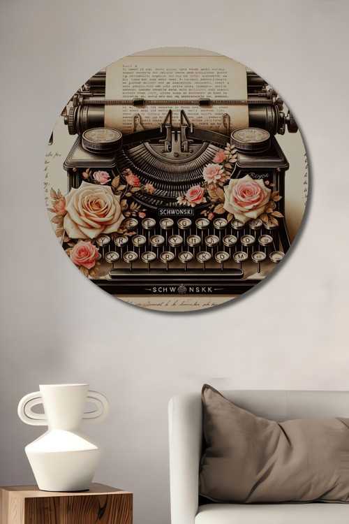 Gül Motifli Retro Daktilo Ahşap Mdf Dekoratif Yuvarlak Ev,İşyeri Duvar Tablo