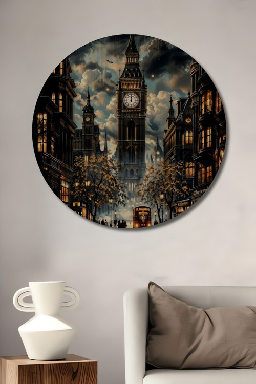 Big Ben Gece Londra Şehir Atmosferi Ahşap Dekoratif Yuvarlak Ev,İşyeri Duvar Tablo