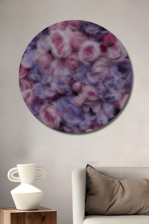 Çiçek Bahçesi Pastel Tonlar Ahşap Mdf Dekoratif Yuvarlak Ev,İşyeri Duvar Tablo