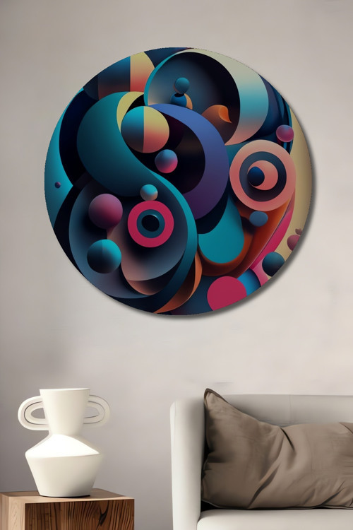 Renkli Geometrik Şekiller Modern Sanat Ahşap Dekoratif Yuvarlak Ev,İşyeri Duvar Tablo