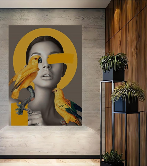Sarı Papağanlı Modern Sanat Dekoratif Ahşap Mdf Dikdörtgen Ev,İşyeri Duvar Tablo