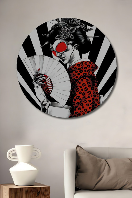Japon Geisha Modern Sanat Yağlı Boya Görünümlü Dekoratif Ahşap Yuvarlak Ev,İşyeri Duvar Tablo