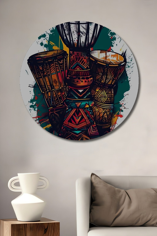 Etnik Davul Soyut Sanat Ahşap Mdf Dekoratif Yuvarlak Ev,İşyeri Duvar Tablo