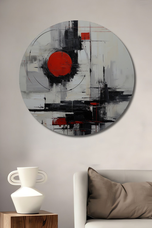 Kırmızı Daire Soyut Sanat Yağlı Boya Görünümlü Dekoratif Ahşap Yuvarlak Ev,İşyeri Duvar Tablo
