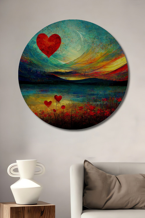 Romantik Kalp Manzarası Soyut Sanat Ahşap Mdf Dekoratif Yuvarlak Ev,İşyeri Duvar Tablo