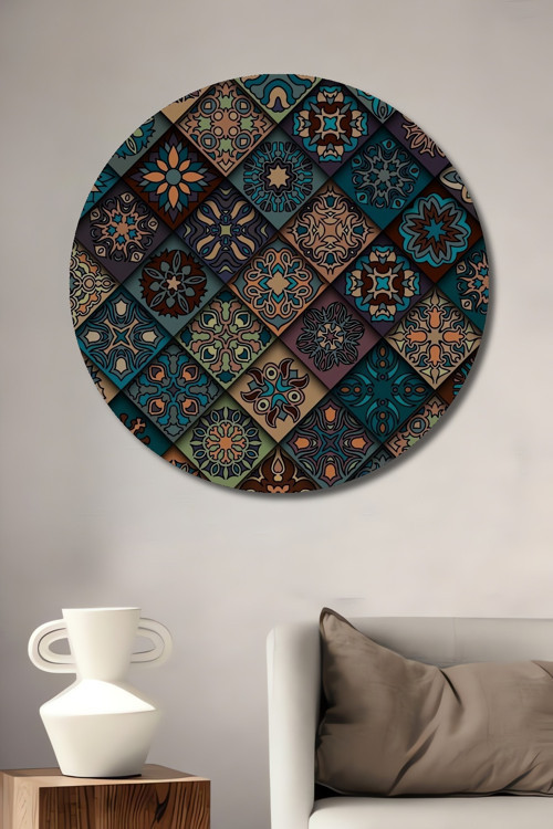 Fes Tarzı Geometrik Desenler Dekoratif Ahşap Mdf Yuvarlak Ev,İşyeri Duvar Tablo