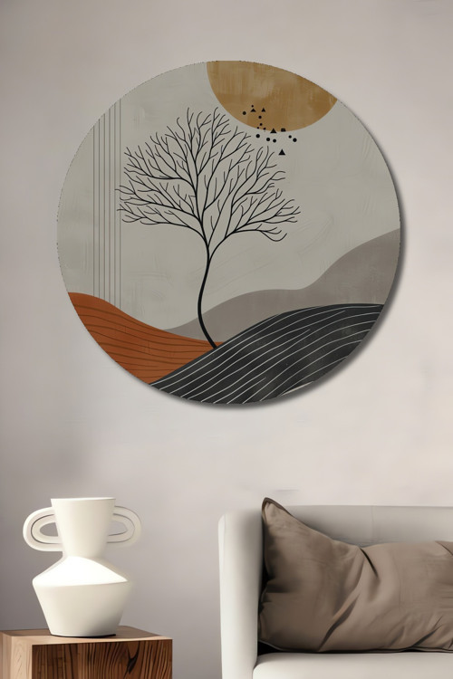 Minimalist Rüya Manzarası Ahşap Mdf Dekoratif Yuvarlak Ev,İşyeri Duvar Tablo