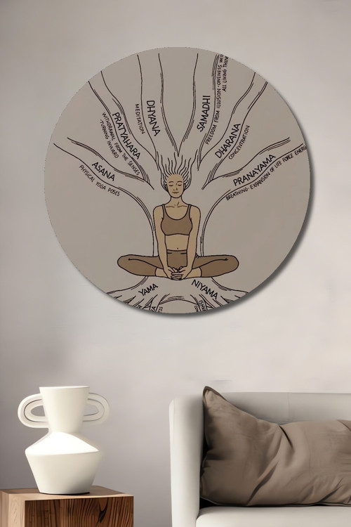 Yoga Pozları Dekoratif Ahşap Mdf Yuvarlak Ev,İşyeri Duvar Tablo
