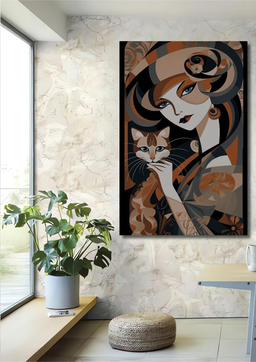 Gizemli Kadın Ve Kedi Dekoratif Ahşap Mdf Dikdörtgen Ev,İşyeri Duvar Tablo