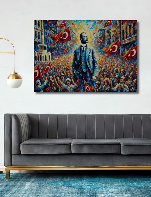 Atatürk Yağlı Boya Görünümlü Ahşap Mdf Dekoratif Dikdörtgen Ev,İşyeri Duvar Tablo