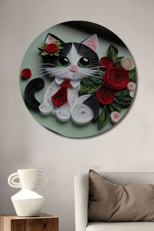 Sevimli Kedi Ve Çiçek Desenli Ahşap Mdf Dekoratif Yuvarlak Ev,İşyeri Duvar Tablo
