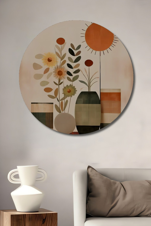Dekoratif Ahşap Mdf Yuvarlak Ev,İşyeri Duvar Tablo Çiçekli Minimalist İllüstrasyon