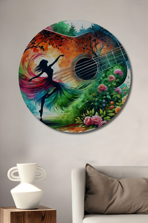 Renkli Gitar Ve Dansçı Dekoratif Ahşap Mdf Yuvarlak Ev,İşyeri Duvar Tablo