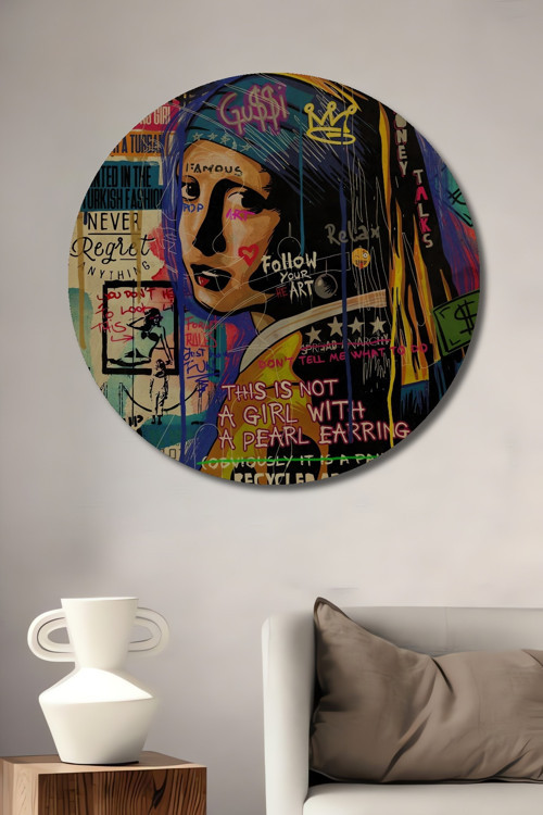 İnci Küpeli Kız Graffiti Modern Sanat Ahşap Dekoratif Yuvarlak Ev,İşyeri Duvar Tablo