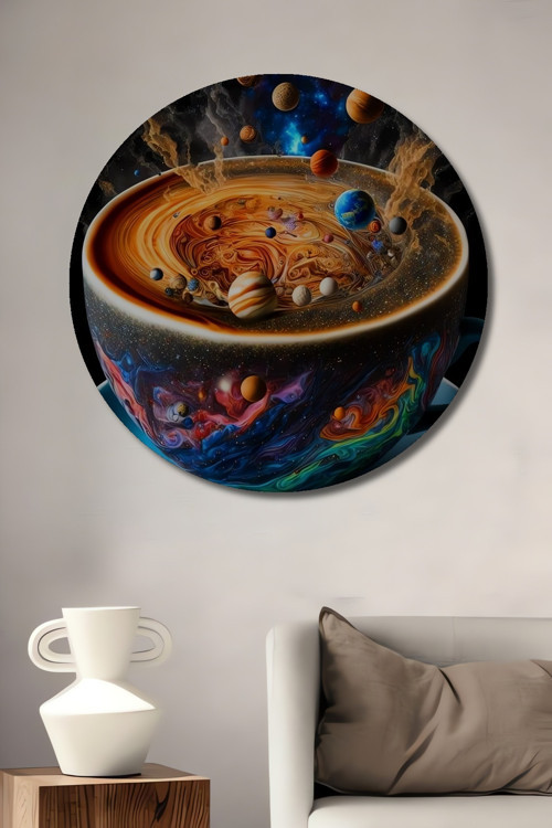 Gezegenlerle Galaktik Kahve Fantastik Modern Sanat Ahşap Mdf Dekoratif Yuvarlak Tablo