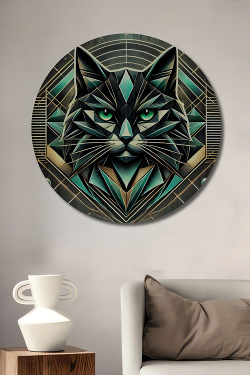 Geometrik Kedi Dekoratif Ahşap Mdf Yuvarlak Ev,İşyeri Duvar Tablo