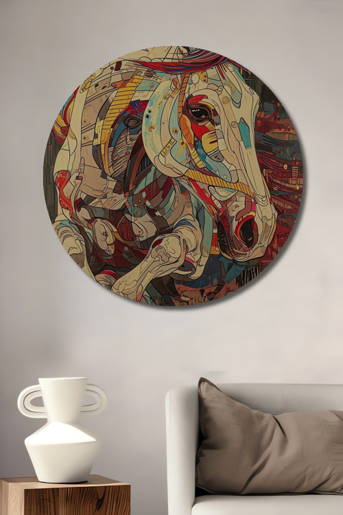 Renkli At Koşusu Modern Sanat Dekoratif Ahşap Mdf Yuvarlak Ev,İşyeri Duvar Tablo
