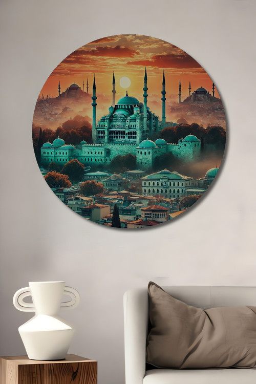 Sultanahmet Camii Manzaralı Ahşap Mdf Dekoratif Yuvarlak Ev,İşyeri Duvar Tablo