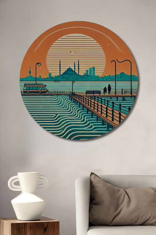 Moda Gün Batımı İstanbul Silüeti Ahşap Mdf Dekoratif Yuvarlak Ev,İşyeri Duvar Tablo
