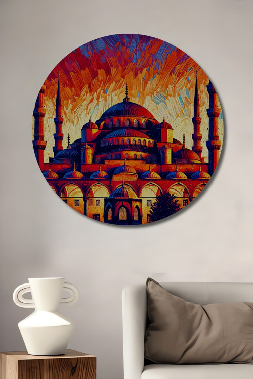 Sultanahmet Camii Yağlı Boya Dekoratif Ahşap Mdf Yuvarlak Ev,İşyeri Duvar Tablo