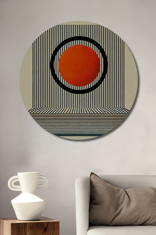 Retro Çizgisel Güneş Modern Sanat Ahşap Mdf Dekoratif Yuvarlak Ev,İşyeri Duvar Tablo