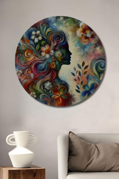 Çiçekli Siluet Modern Sanat Yağlı Boya Görünümlü Dekoratif Ahşap Yuvarlak Ev,İşyeri Duvar Tablo