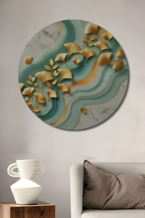 Altın Yapraklı Modern Soyut Sanat Ahşap Mdf Dekoratif Yuvarlak Ev,İşyeri Duvar Tablo