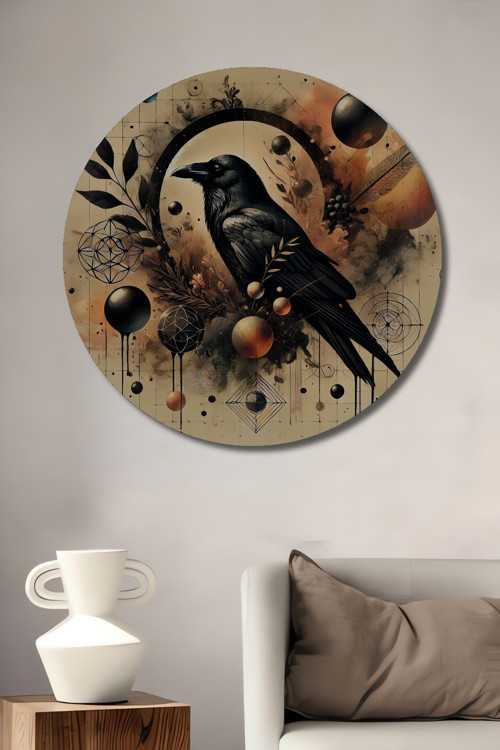 Gizemli Karga Soyut Sanat Yağlı Boya Görünümlü Dekoratif Ahşap Yuvarlak Ev,İşyeri Duvar Tablo