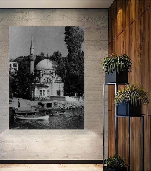 İstanbul Camii Siyah Beyaz Ahşap Mdf Dekoratif Dikdörtgen Ev,İşyeri Duvar Tablo
