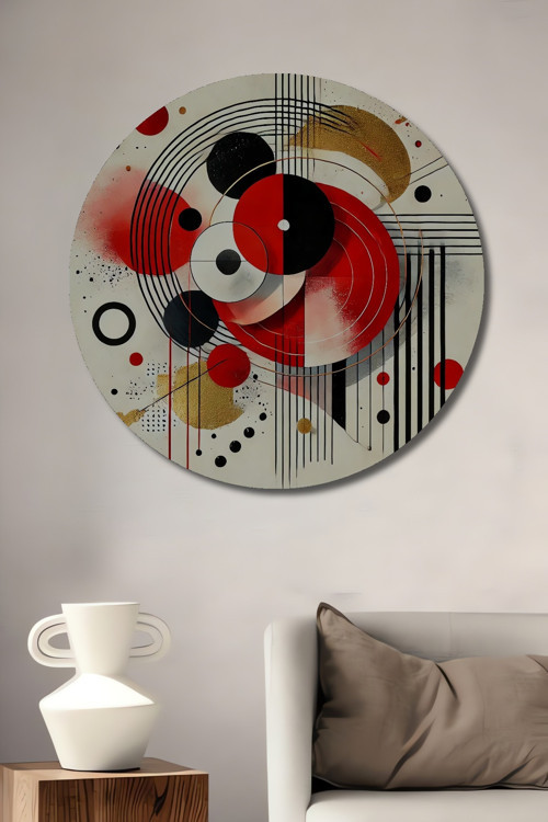 Geometrik Sanat Yağlı Boya Görünümlü Dekoratif Ahşap Yuvarlak Ev,İşyeri Duvar Tablo