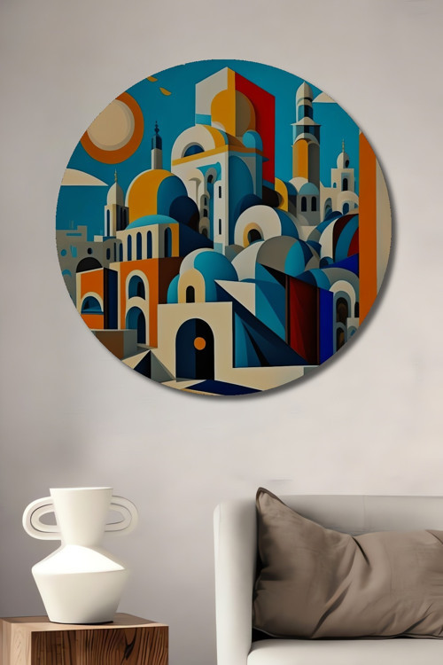 Modern Kent Soyut Sanat Ahşap Mdf Dekoratif Yuvarlak Ev,İşyeri Duvar Tablo