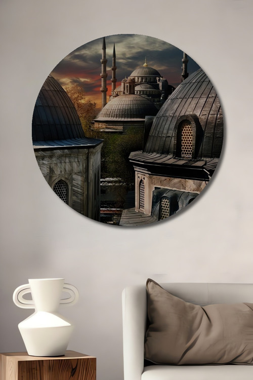 Şehir Manzaralı Cami Görünümlü Dekoratif Ahşap Mdf Yuvarlak Ev,İşyeri Duvar Tablo