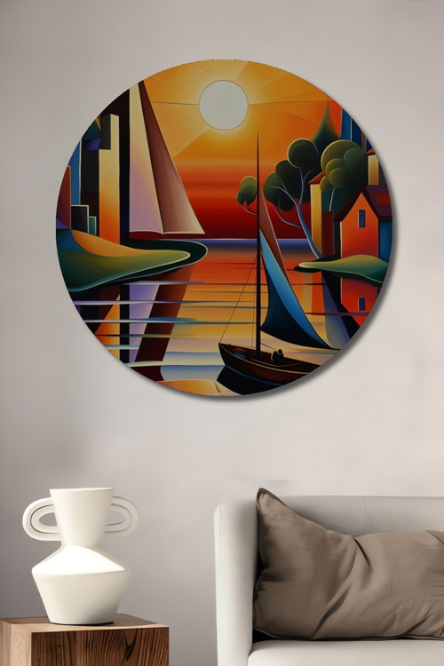 Soyut Güneş Batımı Manzarası Yelkenli Modern Sanat Ahşap Mdf Dekoratif Yuvarlak Tablo
