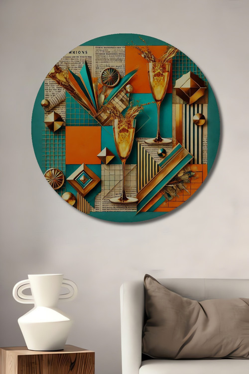 Retro Geometrik Şampanya Kutlaması Dekoratif Ahşap Mdf Yuvarlak Ev,İşyeri Duvar Tablo