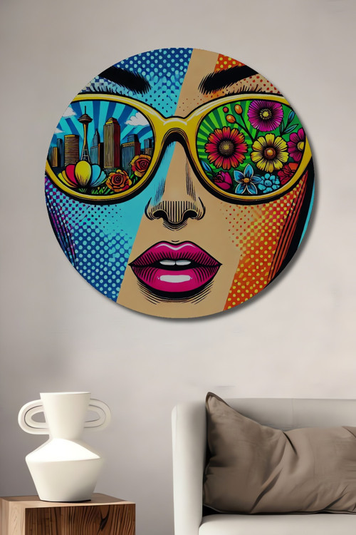 Renkli Pop Art Gözlük Kadın Portresi Dekoratif Ahşap Yuvarlak Ev,İşyeri Duvar Tablo
