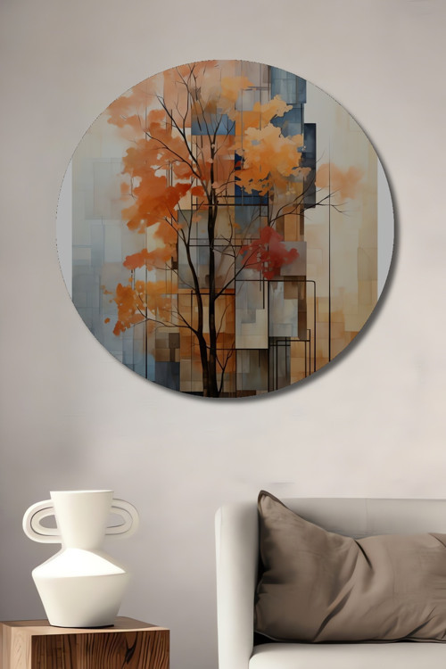 Sonbahar Ağaçları Geometrik Sanat Dekoratif Ahşap Mdf Yuvarlak Ev,İşyeri Duvar Tablo