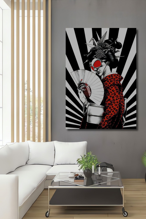 Japon Geisha Modern Sanat Yağlı Boya Görünümlü Dekoratif Ahşap Dikdörtgen Ev,İşyeri Duvar Tablo