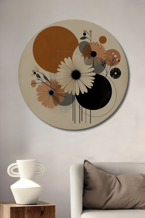 Minimalist Çiçek Geometri Ahşap Mdf Dekoratif Yuvarlak Ev,İşyeri Duvar Tablo