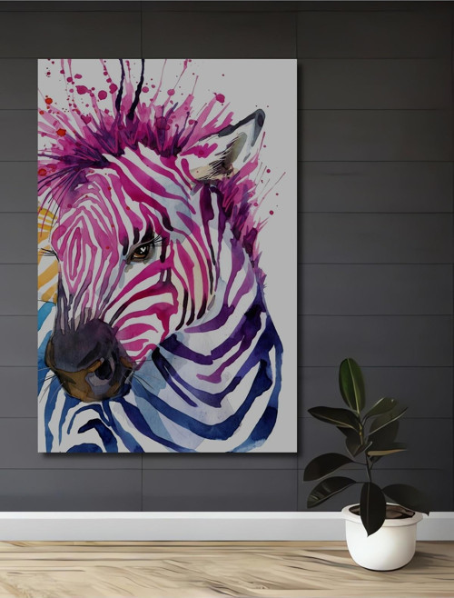 Renkli Zebra Portresi Yağlı Boya Görünümlü Dekoratif Ahşap Dikdörtgen Ev,İşyeri Duvar Tablo
