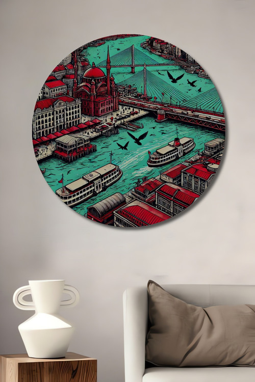 Boğazda Vapurlar Retro Ahşap Mdf Dekoratif Yuvarlak Ev,İşyeri Duvar Tablo