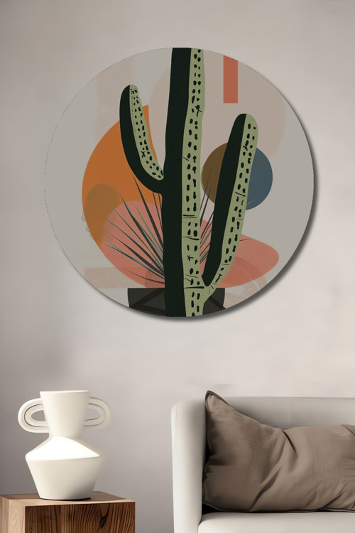 Kaktüs Modern Sanat Ahşap Mdf Dekoratif Yuvarlak Ev,İşyeri Duvar Tablo