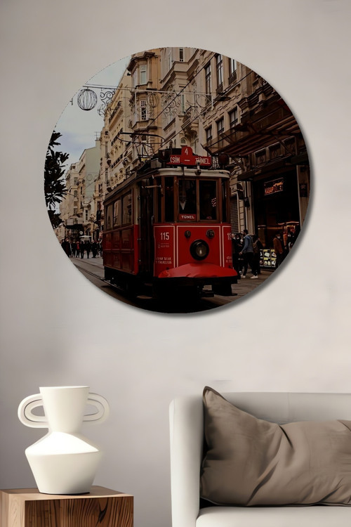 İstiklal Caddesi Klasik Tramvay Ahşap Mdf Dekoratif Yuvarlak Ev,İşyeri Duvar Tablo