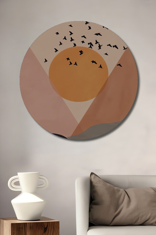 Günbatımı Kuşlar Dekoratif Ahşap Mdf Yuvarlak Ev,İşyeri Duvar Tablo