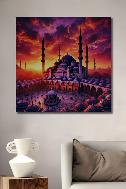 İstanbul Camii Günbatımı Yağlı Boya Görünümlü Dekoratif Ahşap Dikdörtgen Ev,İşyeri Duvar Tablo