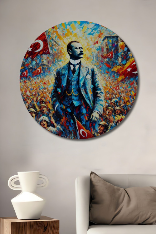 Atatürk Yağlı Boya Görünümlü Ahşap Mdf Dekoratif Yuvarlak Ev,İşyeri Duvar Tablo