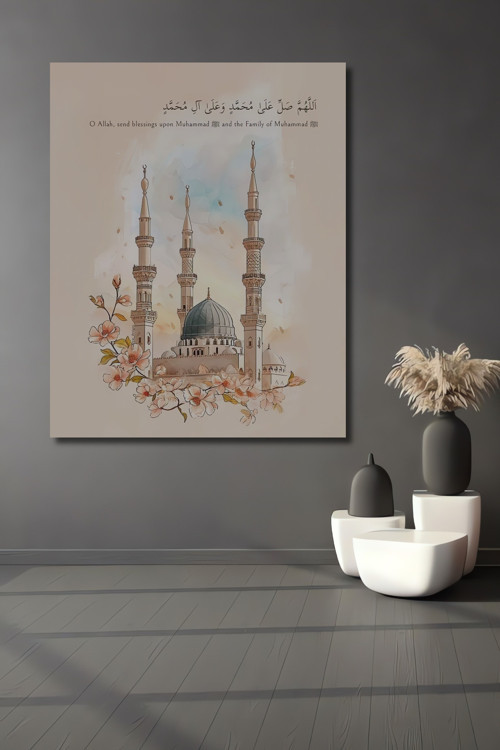 Medine Mescidi Çiçek Motifli Yağlı Boya Görünümlü Dekoratif Ahşap Mdf Dikdörtgen Tablo