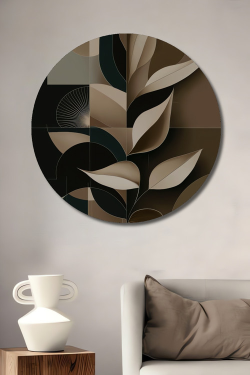 Minimalist Yapraklar Geometrik Dekoratif Ahşap Mdf Yuvarlak Ev,İşyeri Duvar Tablo